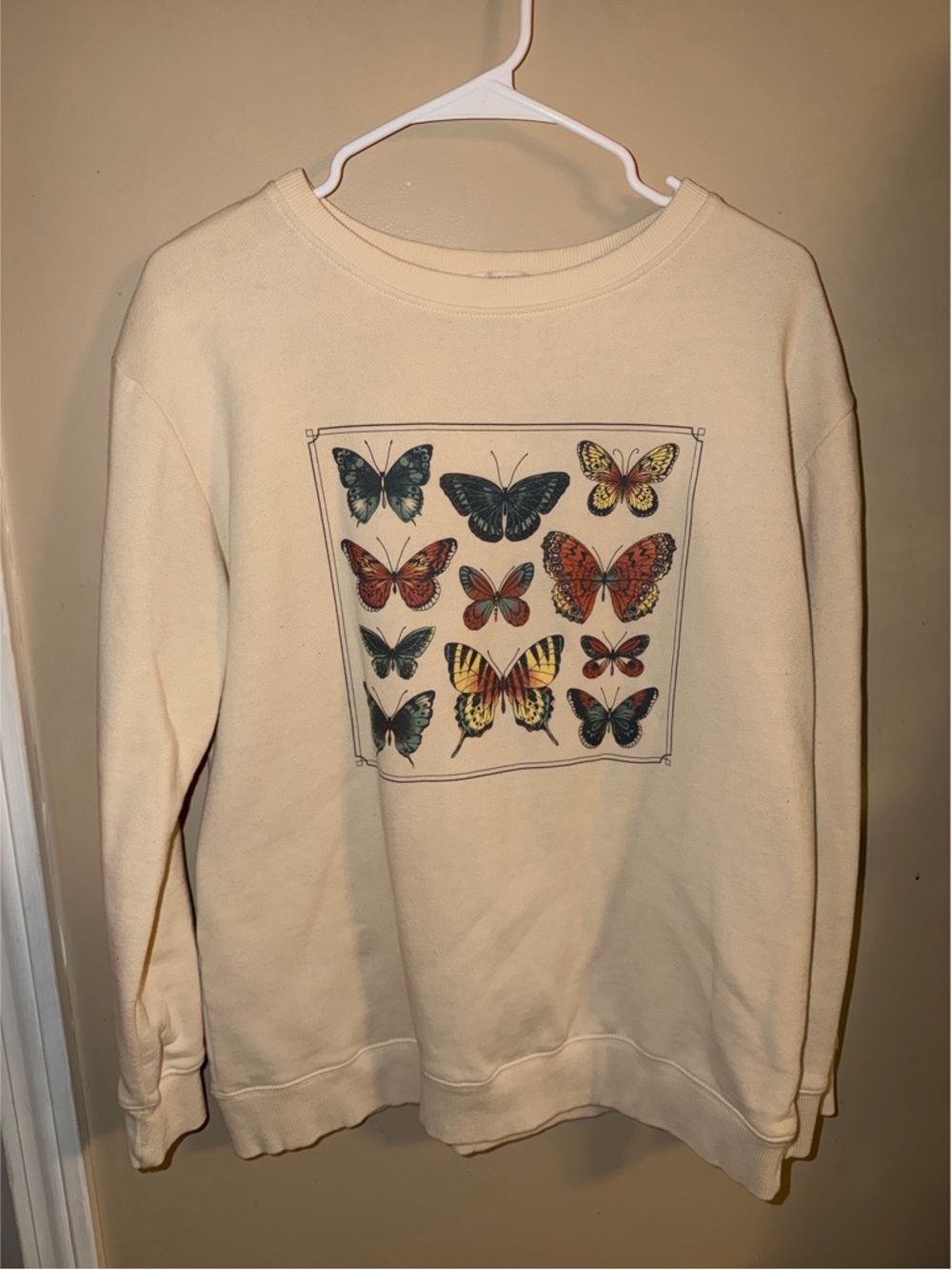 EARTHBOUND Cream Crewneck Sweatshirt with Multicolor Butterfly Print
